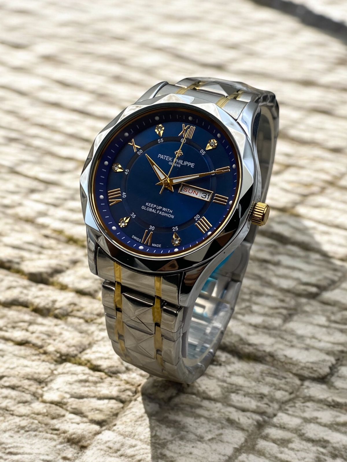 Luxury Genève Inspired Blue Dial Two-Tone Wristwatch